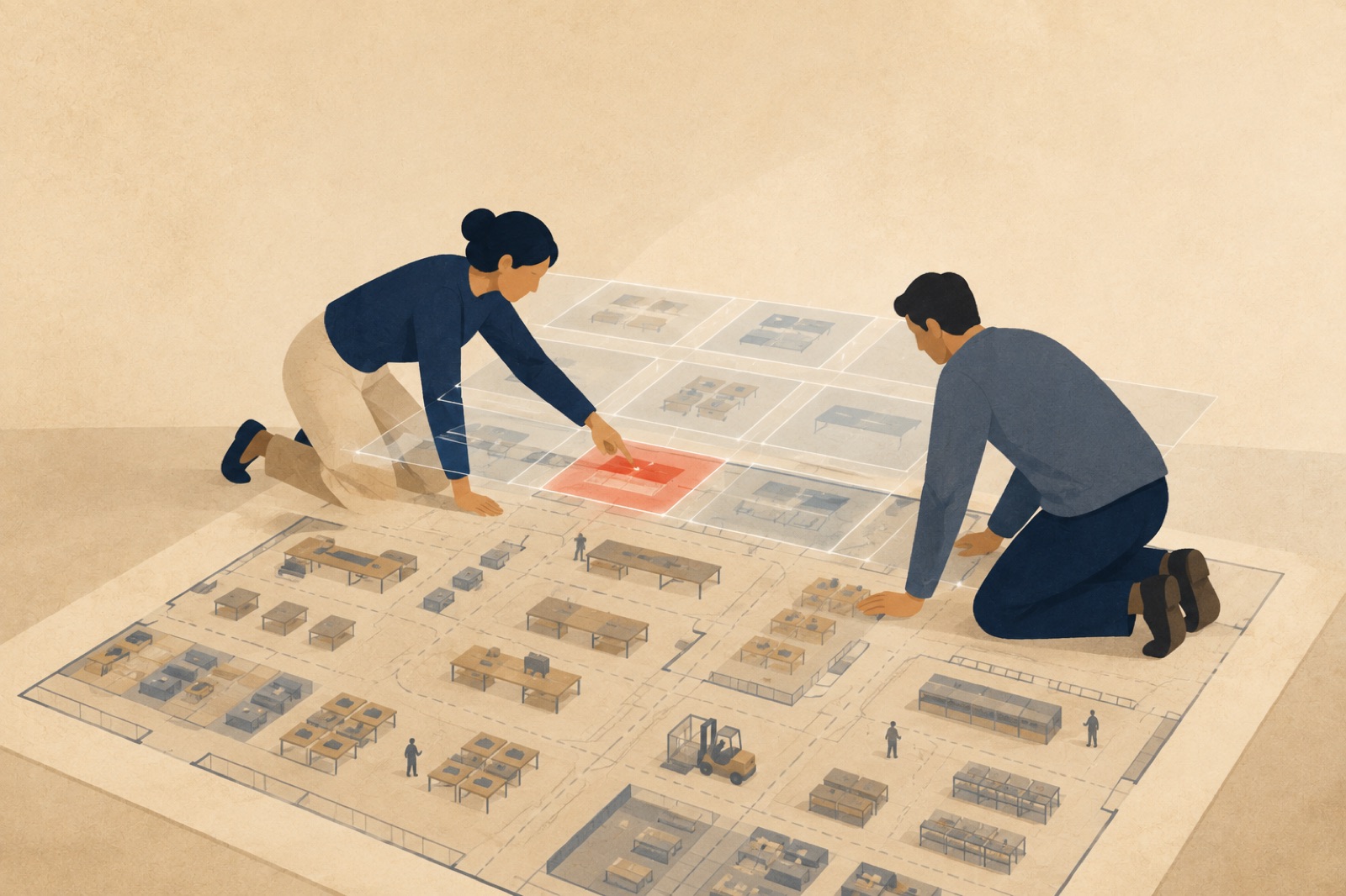 Twee mensen bestuderen samen een plattegrond van de werkvloer, met daarboven een digitaal raster dat er precies op aansluit.