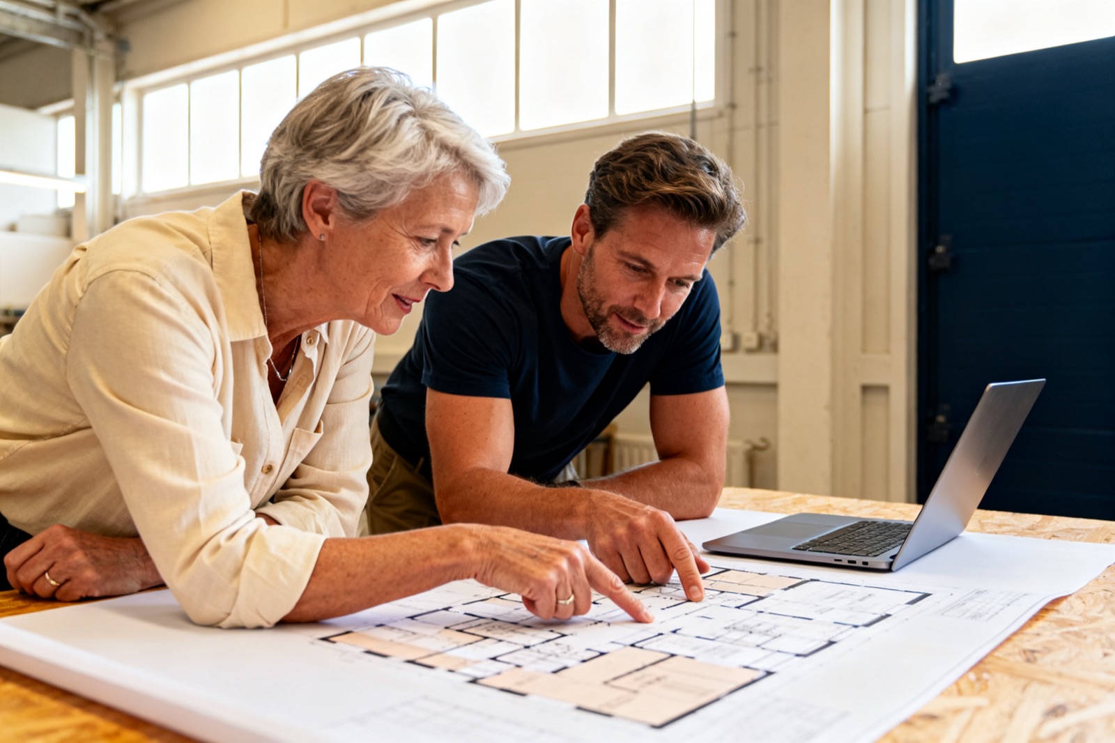 Een ervaren vrouw en een collega van rond de veertig buigen zich over een grote plattegrond op tafel, met een laptop opzij geschoven.