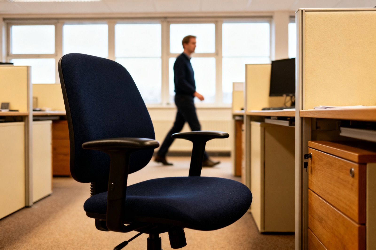 Een lege bureaustoel op een verlaten werkplek, terwijl op de achtergrond een collega voorbijloopt.