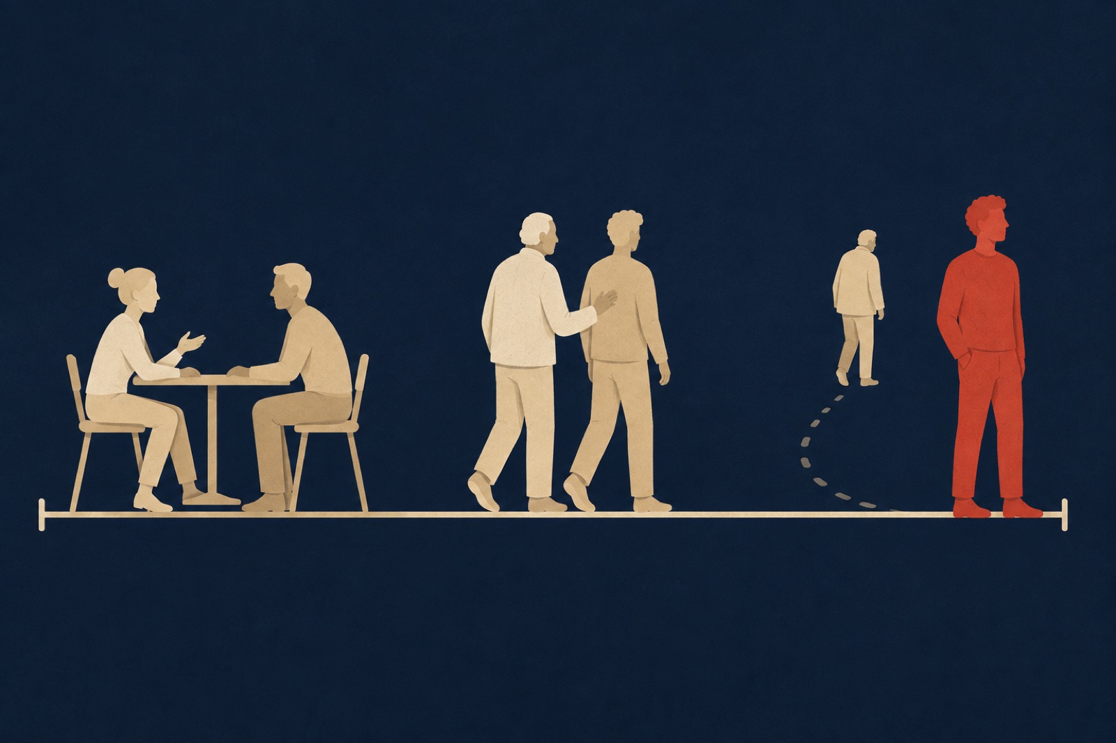Drie momenten op een tijdlijn: eerst een gesprek aan tafel, dan een mentor die meeloopt met een jongere collega, en tot slot die collega die zelfstandig staat terwijl de mentor vertrekt.