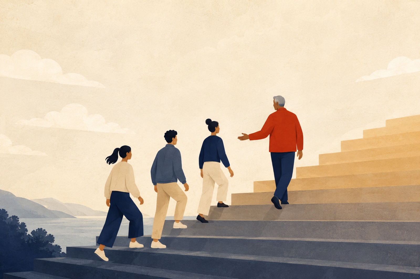 Drie jonge mensen beklimmen een trap, met een ervaren mentor die naast hen meeloopt en de weg wijst.