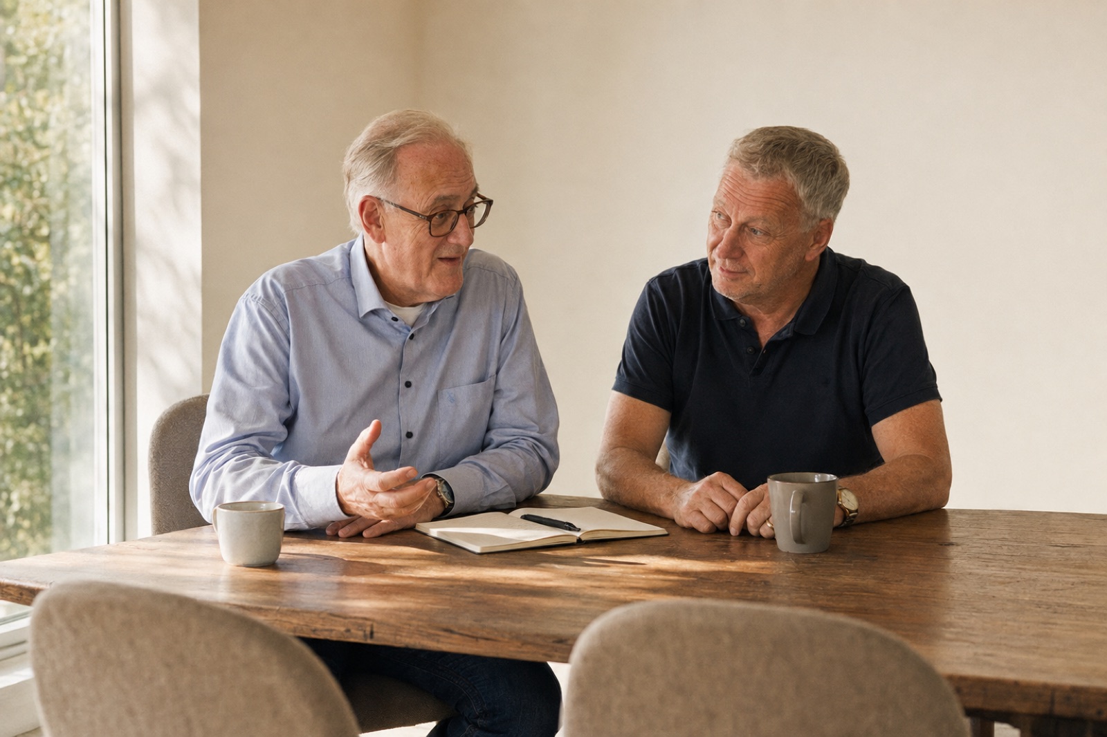 Wim Panneman en Ed Stekelenburg in gesprek aan een houten tafel bij het raam.