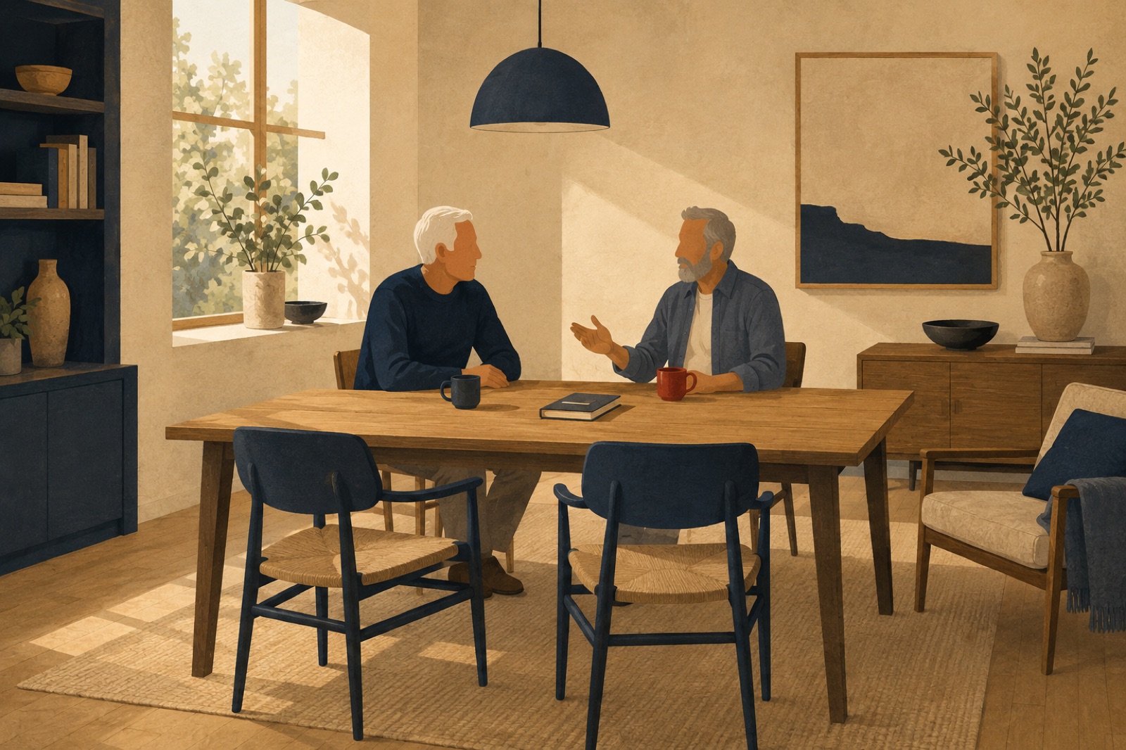 Twee ervaren mannen zitten in gesprek aan een houten tafel bij het raam, met twee lege stoelen ertegenover.